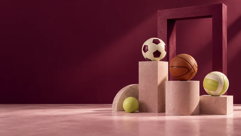 Spor toplarının heykelsi kaidelerde sergilendiği vişne ve pembe renkli galeri